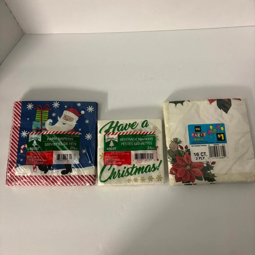 Christmas Napkins 60ct Santa Holly Jolly Poinsettia Holiday Party Table